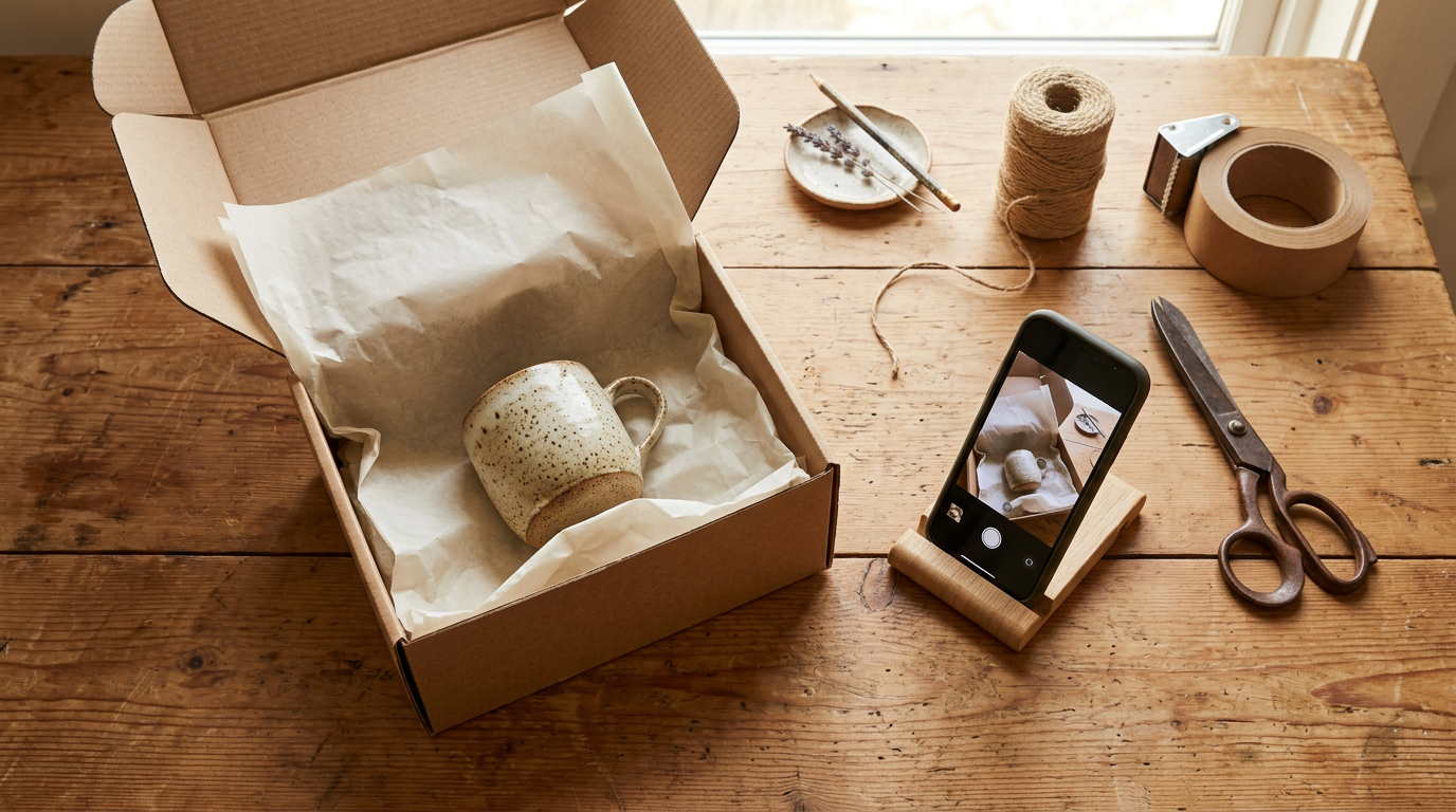 Overhead view of a wooden packing table with an open box holding a speckled mug in tissue paper, a phone on a stand, tape, twine and scissors
