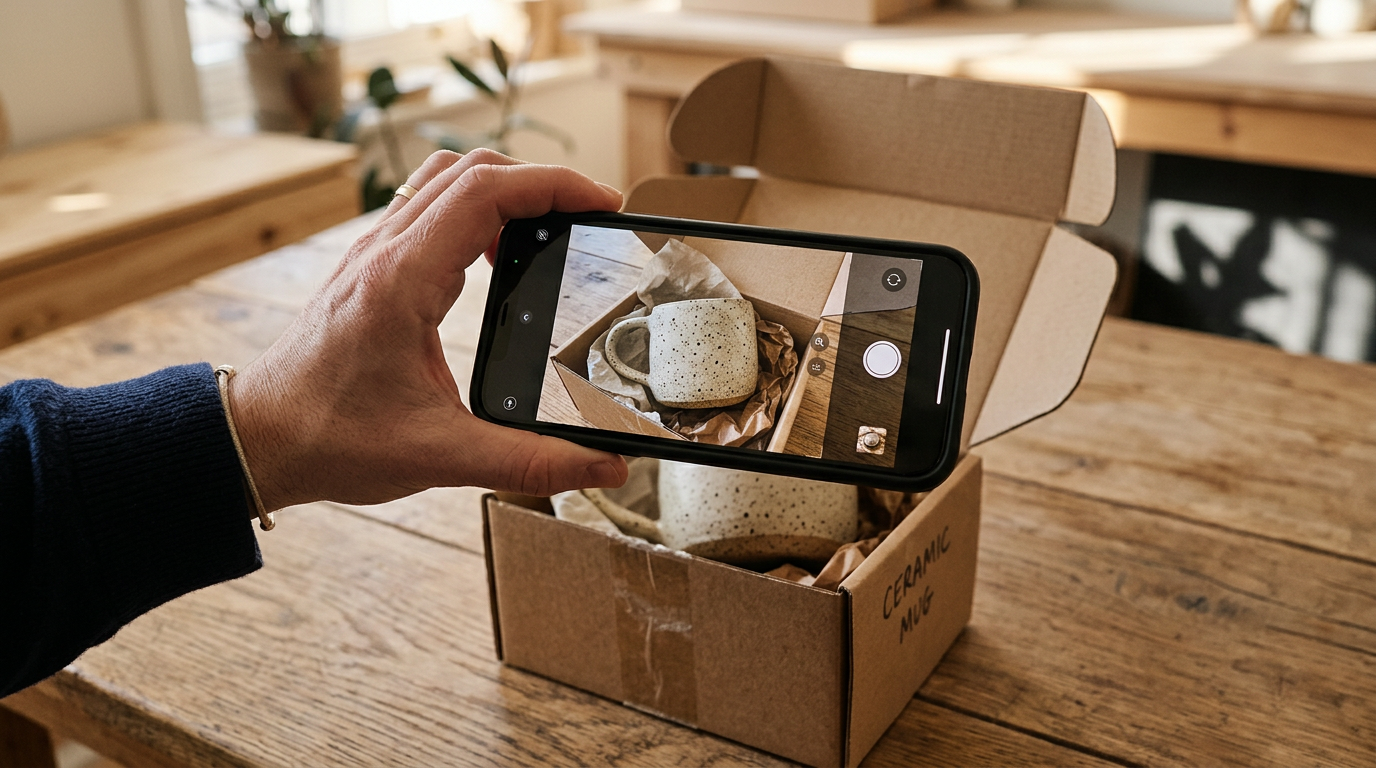 A hand holding a phone above an open box, taking a photograph of a speckled mug in tissue paper