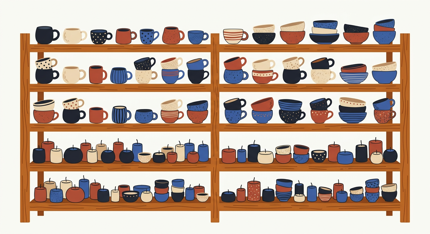 Illustration of shelves stacked with mugs, bowls and candles in cream, rust and blue