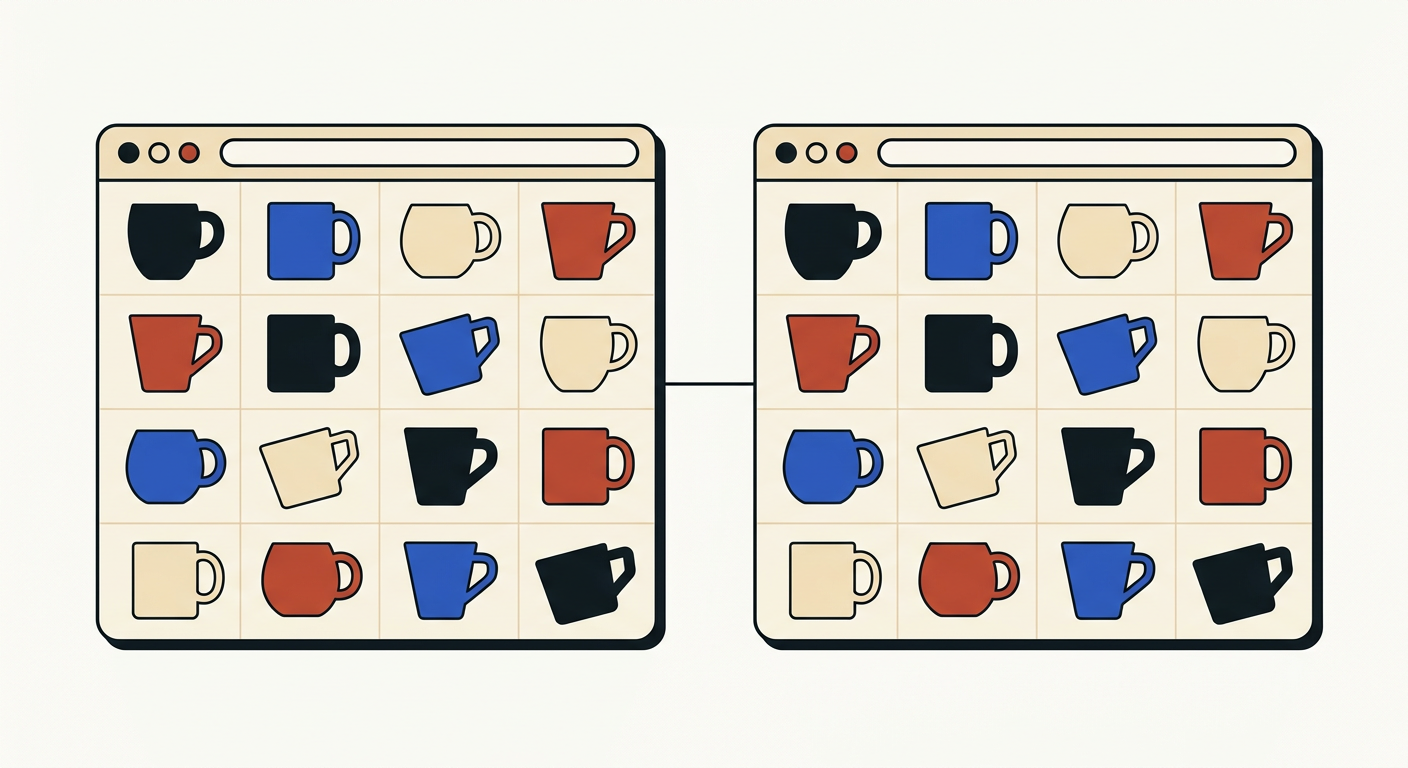 Illustration of two shop windows each showing a grid of mugs, joined by a line