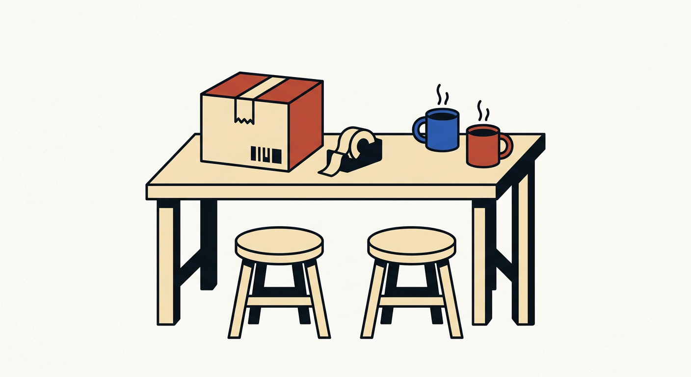 Illustration of a packing table with a taped box, a tape dispenser and two mugs, with two stools underneath